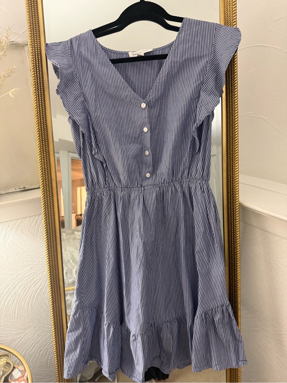 Amour Vert Blue and White Pinstripe Ruffle-Sleeve Dress